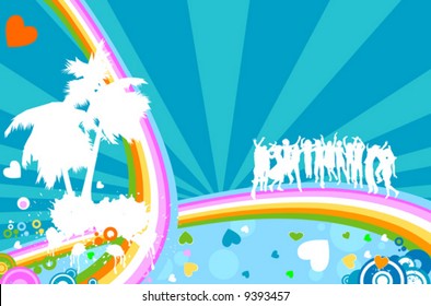 silhouettes on abstract design with rainbow