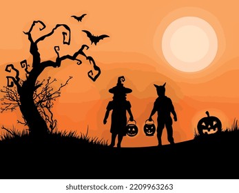Silhouettes on horizont with halloween theme
