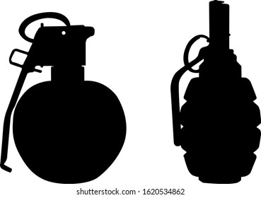 
silhouettes on a white background of two whizbang F1 and M67, weapons, ammunition