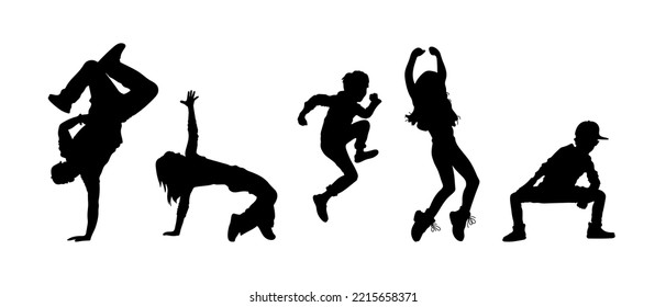 Siluetas de fondo blanco. Jóvenes bailando. Ilustración vectorial en blanco y negro.