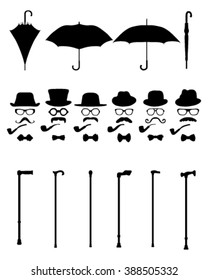 Silhouettes of open and closed umbrellas, vector