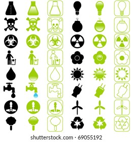 Siluetas y contorno Vector de Energía y Conservación del Medio Ambiente en blanco y verde negro. Un conjunto de adorables colecciones de iconos aisladas en fondo blanco