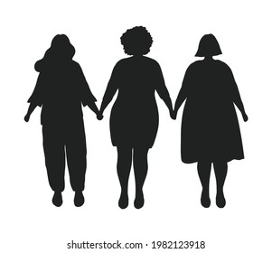 Siluetas de mujeres con sobrepeso. Las mujeres de Plump están tomándose de la mano. Más chicas de talla. Concepto positivo corporal. Amo la ilustración del vector corporal.