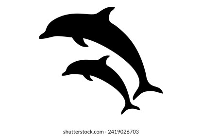 Silhouettes de un par de delfines con nariz botella (tursiops truncatus) saltando en el mar caribeño. Vector de ilustraciones