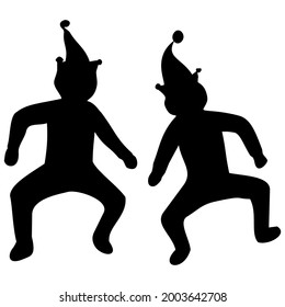 Silhouettes of a pair of clowns on all fours in a pantomime theater or circus