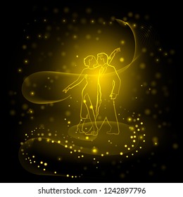 Silhouettes of a pair of people dancing tango in Golden light.