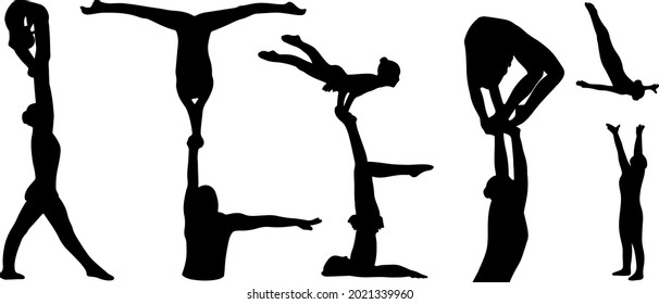 siluetas de acrobacia emparejada, gimnasia, muchachas hermosas y una figura deportiva. imagen vectorial de calidad