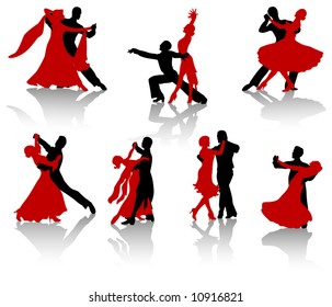 Silhouettes of the pairs dancing ballroom dances. A waltz, a tango, a foxtrot.