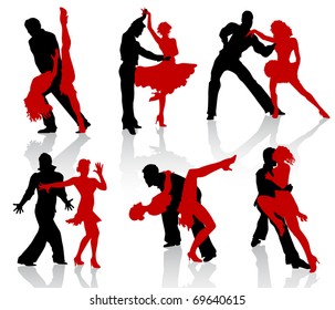 Silhouettes of the pairs dancing ballroom dances. Tango, step.