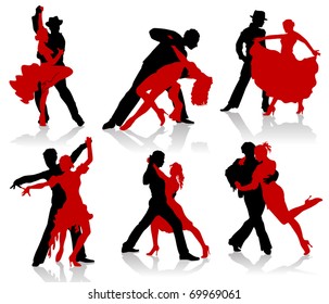 Silhouettes of the pairs dancing ballroom dances. Tango, step.