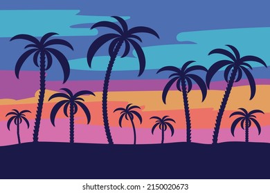 Silhouettes of palm trees against the backdrop of sunset. vector illustration