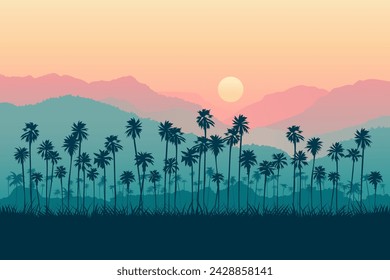 Silhouettes of palm trees against the backdrop of sunset and mountains. Panoramic tropical landscape. Paradise Island. Vector illustration of exotic nature.