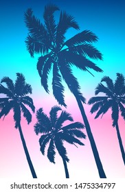 Silhouettes of palm trees against the background of morning sunrise in the sky, vector art illustration.
