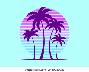 Silhouettes of palm trees against a retro futuristic sun background. Palm trees against a background of gradient sun in synthetic and retrowave styles. Summer time. Vector illustration