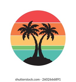 Silhouettes of palm trees against a retro futuristic sun background. Palm trees against a background of gradient sun in synthetic and retrowave styles. Summer time. Vector illustration