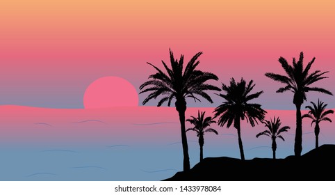 Silhouettes of palm trees near the sea at sunset. Vector illustration