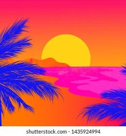 Silhouettes of palm trees on the beach with sun and mountains