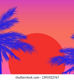 silhouettes of palm trees on a gradient background with red sun. Sintwave.