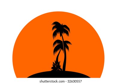 Silhouettes of palm trees on the orange background