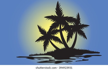 Silhouettes of palm trees on the small islands