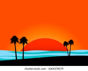 Silhouettes of palm trees on sunset background, coast. Tropical sunrise or sunset. Vector illustration