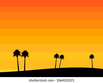 Silhouettes of palm trees on a sunset background in the style of the 80s. Tropical sunrise or sunset. Vector illustration
