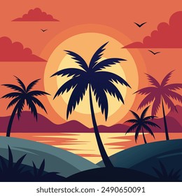 Silhouettes of Palm Trees And Orange Sun Vector Illustration Art