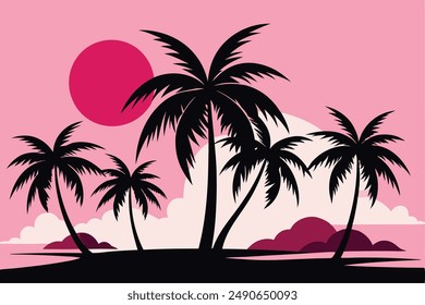 Silhouettes Of Palm Trees And Pink Sun Landscape Vector Illustration