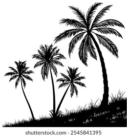 Silhouettes of palm trees and pink sun vector. set of palm trees and sunrise vector silhouette. tropical landscape and mountains black, 