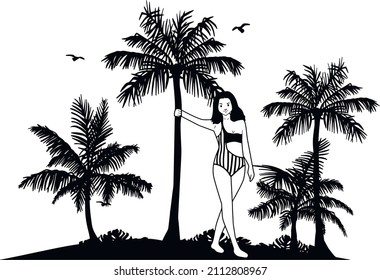 silhouettes of palm trees and seagulls vector. girl on beach in swimsuit vector sketch. summer landscape with palms and seagulls vector drawing. vector. sketch eps.