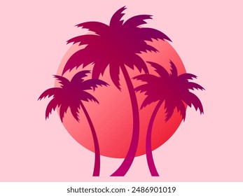 Silhouettes of palm trees at sunset gradient sun. Summer time. Colorful gradient colors, tropical sunset with palm trees and sun. Design for banners, posters, covers and booklets. Vector illustration