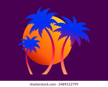 Silhouettes of palm trees at sunset gradient sun. Summer time. Colorful gradient colors, tropical sunset with palm trees and sun. Design for banners, posters, covers and booklets. Vector illustration