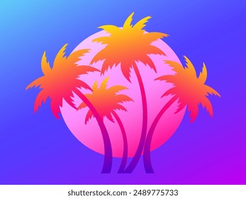 Silhouettes of palm trees at sunset gradient sun. Summer time. Colorful gradient colors, tropical sunset with palm trees and sun. Design for banners, posters, covers and booklets. Vector illustration