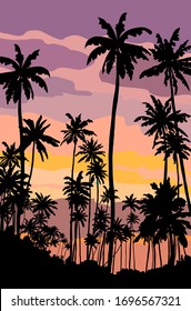 silhouettes of palm trees. sunset on a tropical island