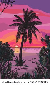 silhouettes of palm trees. sunset on a tropical island