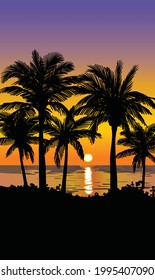 silhouettes of palm trees. sunset on a tropical island