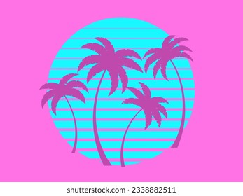 Silhouettes of palm trees at sunset in the style of the 80s. Retro futuristic sun with tropical palm trees in synthwave and retrowave style. Design for banners and posters. Vector illustration