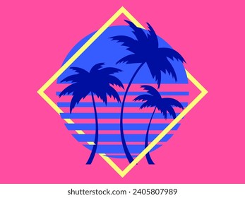 Silhouettes of palm trees at sunset in the style of the 80s in a square frame. Retro futuristic sun with palm trees in Synthwave and Retrowave style. Design of banner and poster. Vector illustration