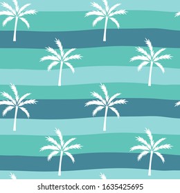Silhouettes of palm trees, vector seamless pattern. Suitable for fabric, Wallpaper, paper and other surfaces. White plants on the background of sea waves.