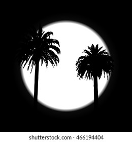 Silhouettes of palms with moon. Vintage vector background.