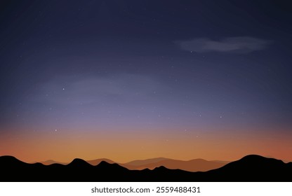 Silhouettes of panoramic mountains view landscape with stars	
