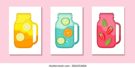 The silhouettes of paper cut cocktails. Creative bright composition of alcohol, juice or water with lemon,strawberry,cucumber and mint.Vertical banners for branding menu, cover, flyer.