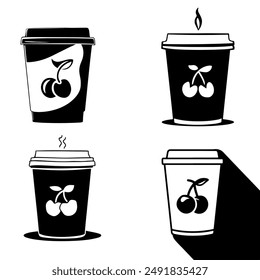 Silhouettes of paper hot coffee cups with cherry logo. Vector monochrome icon set for coffee business