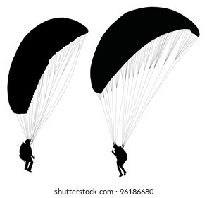 Silhouettes of paraglider on ground preparing before taking off. Vector