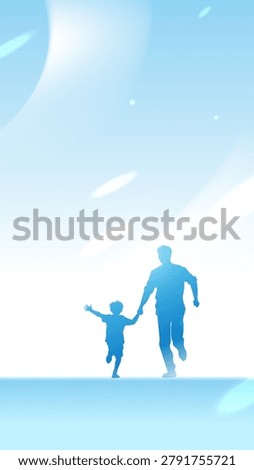 Silhouettes of parent and child run together. Bright sky glows behind them. Their motion feels joyful and free. Perfect for family or childhood themes. Ideal for parenting, education
