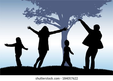 Silhouettes of the parents and children 