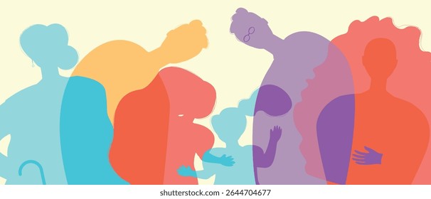 Silhouettes of parents and children as a big family, color silhouette vector illustration as propaganda of birth rate and authentic Family