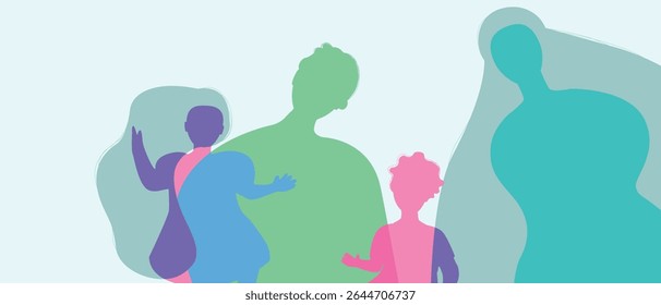 Silhouettes of parents and children, color silhouette vector illustration as propaganda of birth rate and authentic Family, copy space template