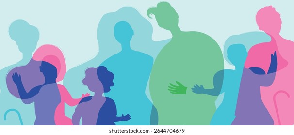 Silhouettes of parents and children with grandparents as a big family, color silhouette vector illustration as a propaganda of birth rate and authentic Family