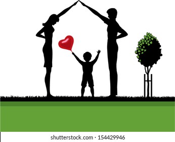 Silhouettes of parents forming together a house shape around the child, near a young tree with protection too. The green field can be increased for text. 